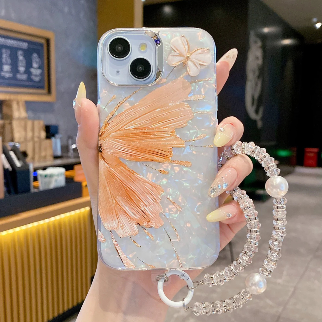 Orange Butterfly With Steel Camera Protection With Bracelet For iPhone 15 Plus