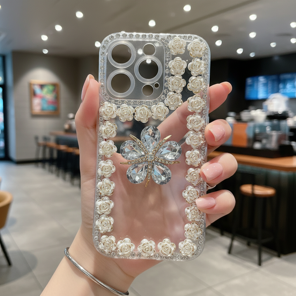 Crystal Flower Bling Case with Rose Border - Phone Case For iPhone 14 Pro