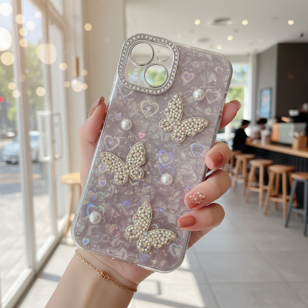 Butterfly & Pearl Crush - Phone Case For iPhone 15