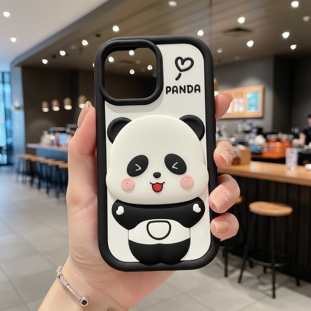 Cute Panda With Mirror Stand Silicon Phone Case