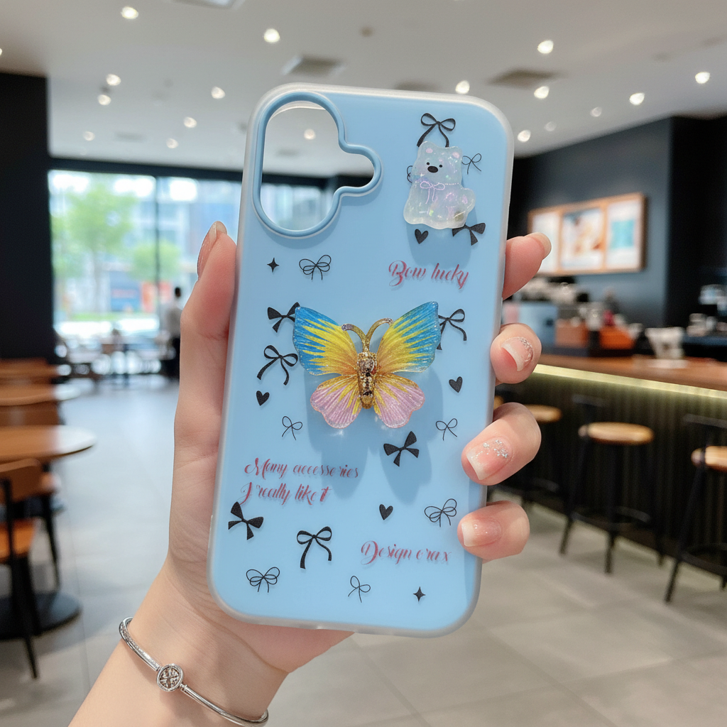 Sky Blue Flutter Coquette Luxury Handcrafted Butterfly & Bow Motif Silicone Phone Case