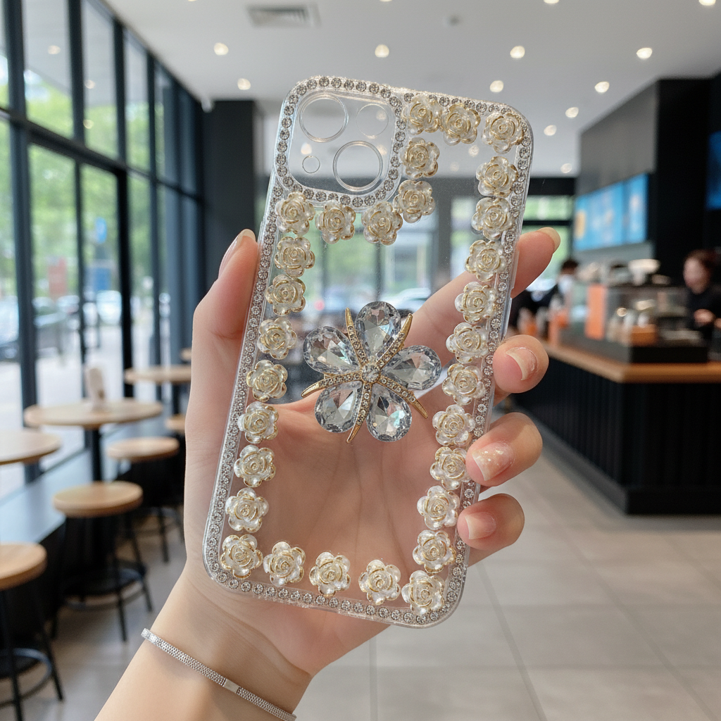 Crystal Flower Bling Case with Rose Border - Phone Case For iPhone 14 Plus