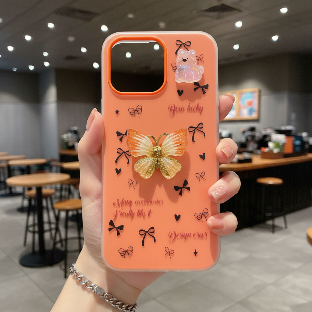 Sunbeam Flutter Aesthetic Luxury Yellow Butterfly & Bear Motif Silicone Phone Case
