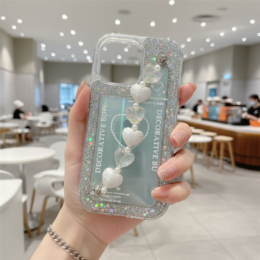 Decorative Bow Glitter Heart With Heart Chain - Phone Case For iPhone 16 Plus