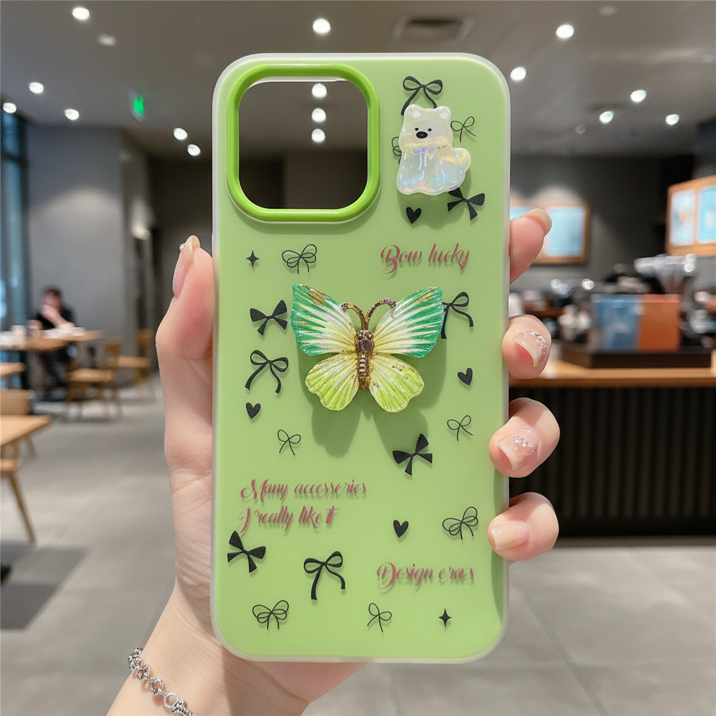 Matcha Flutter Dream Coquette Luxury Handcrafted Butterfly & Bow Motif Silicone Phone Case