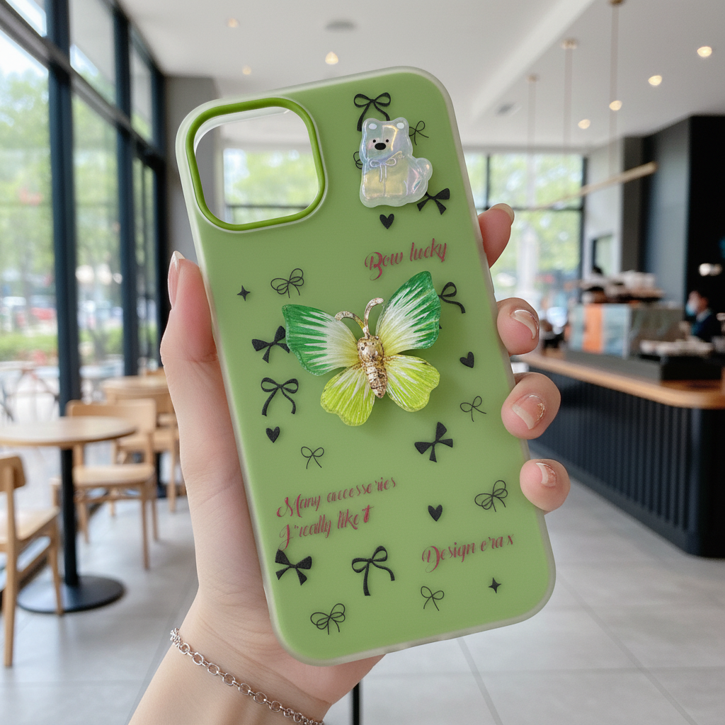 Matcha Flutter Dream Coquette Luxury Handcrafted Butterfly & Bow Motif Silicone Phone Case