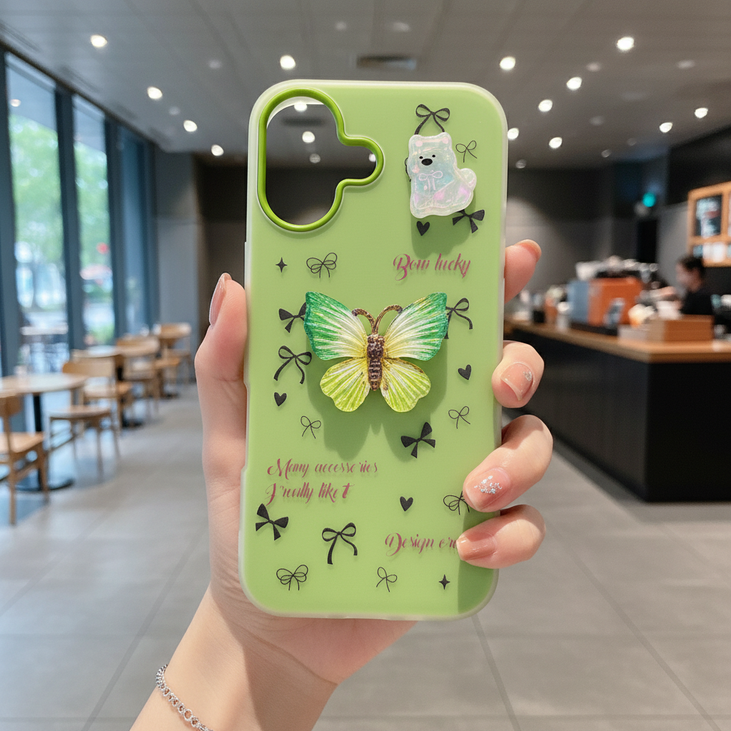 Matcha Flutter Dream Coquette Luxury Handcrafted Butterfly & Bow Motif Silicone Phone Case