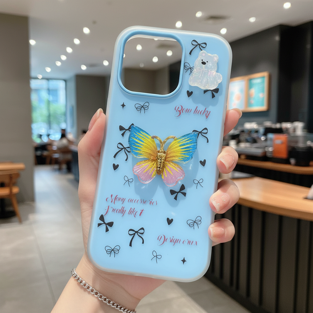 Sky Blue Flutter Coquette Luxury Handcrafted Butterfly & Bow Motif - Phone Case For iPhone 16 Pro Max