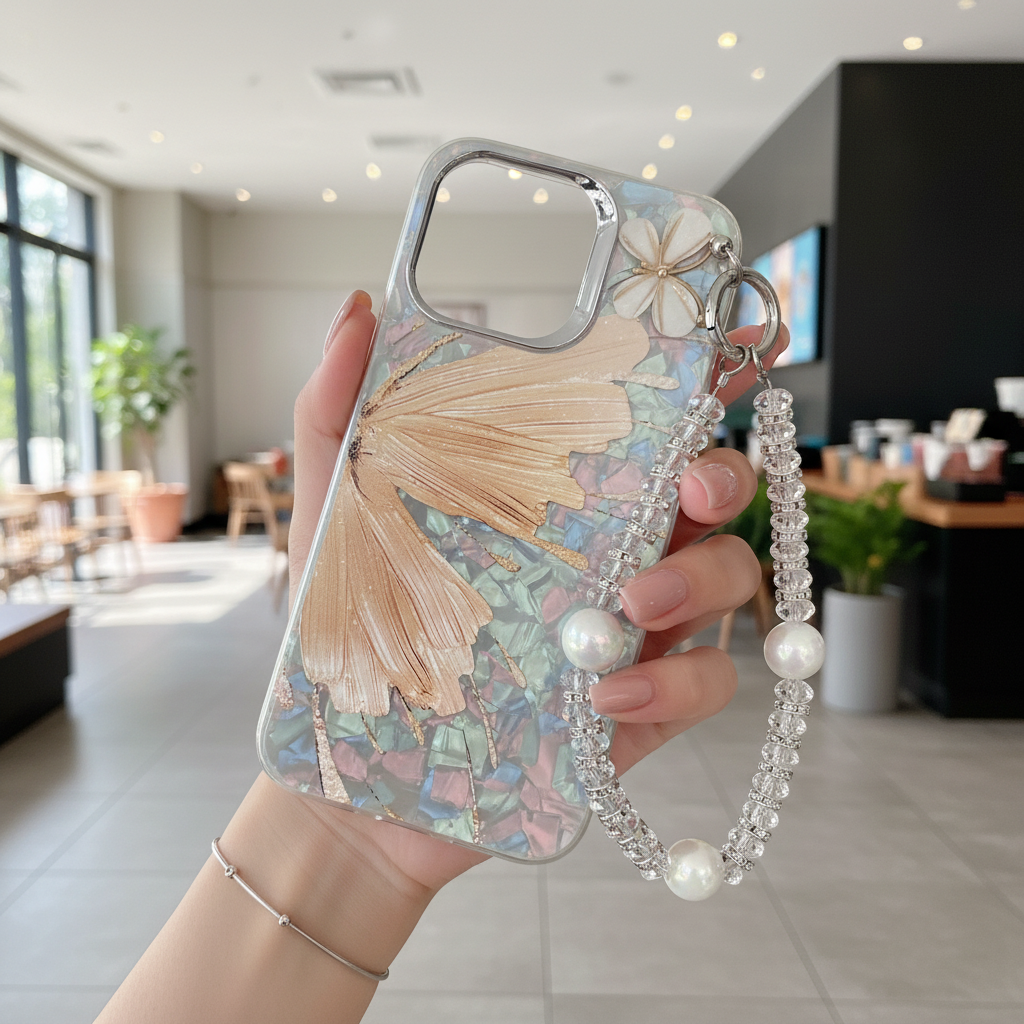 Orange Butterfly With Steel Camera Protection With Bracelet - Phone Case For iPhone 15 Pro