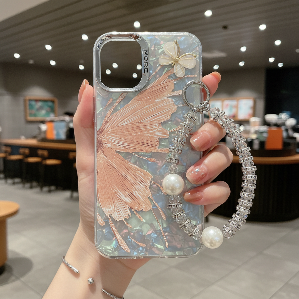 Orange Butterfly With Steel Camera Protection With Bracelet - Phone Case For iPhone 15 Pro