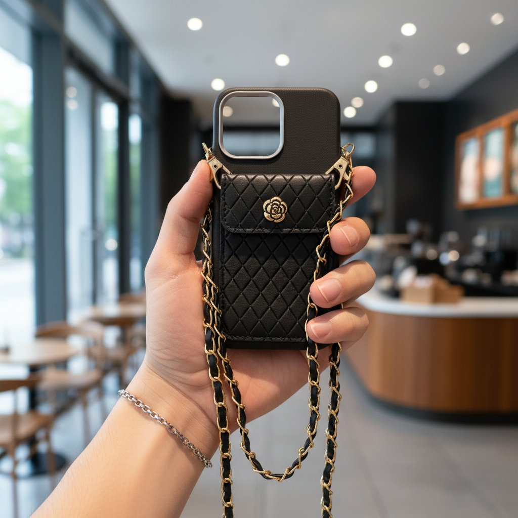 Black Texture Wallet With Golden Chain Silicon Phone Cases