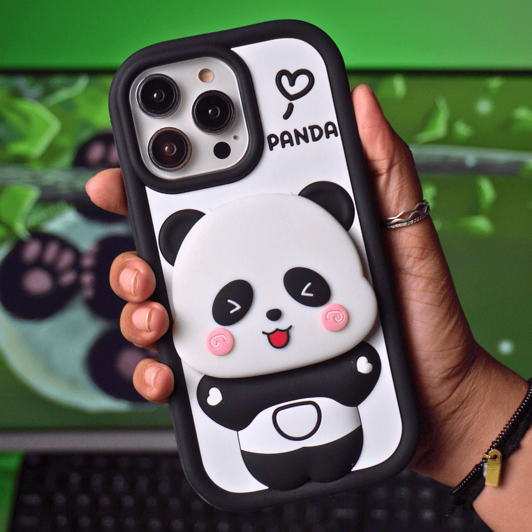 Cute Panda With Mirror Stand Silicon Phone Case For iPhone 13