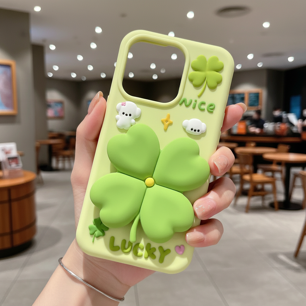 3D Green Clover 'Lucky & Nice' Cute Cartoon Design - Phone Case For iPhone 14 Pro