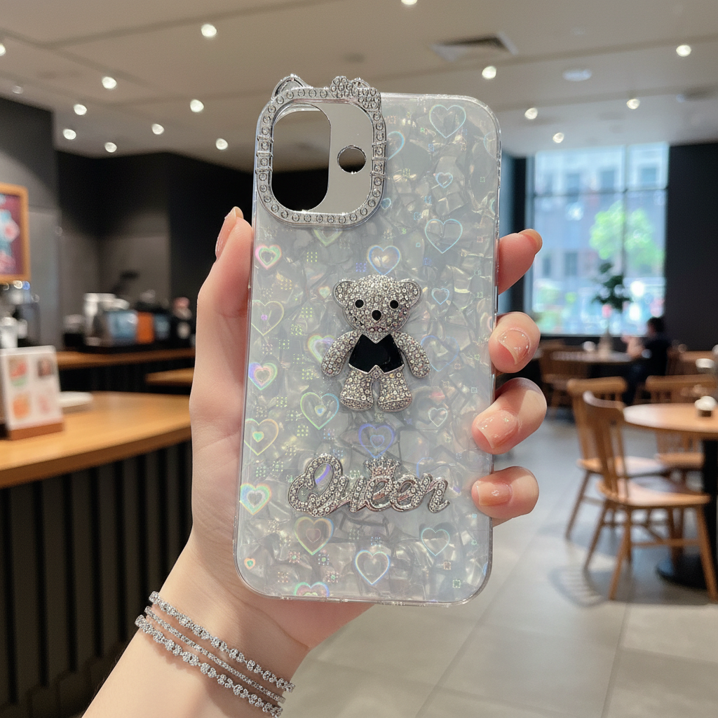 Queen Teddy With Diamond Camera Frame - Phone Case For iPhone 16