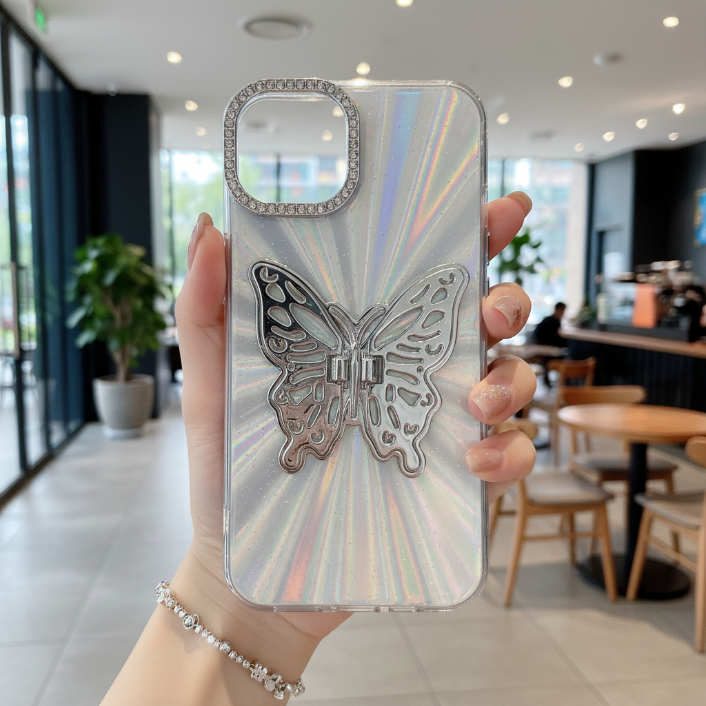 Radiant Silver Butterfly Silicone Case - Phone Case For iPhone 15