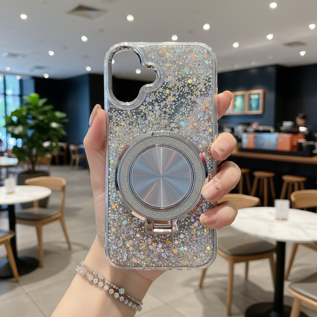 Silver Glitter Case with Ring Stand - Phone Case For iPhone 16