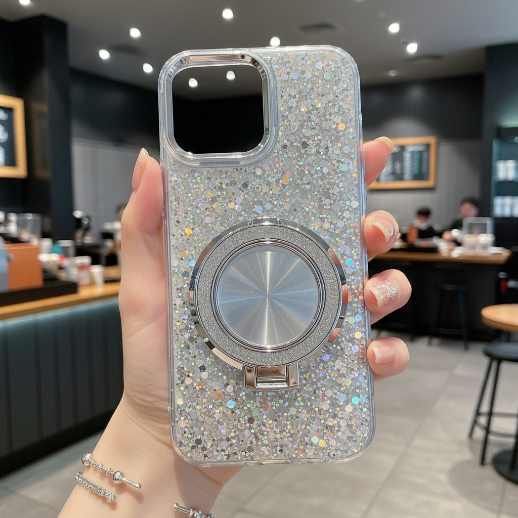 Silver Glitter Case with Ring Stand - Phone Case For iPhone 16 Pro Max