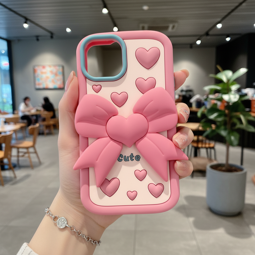 Pink Heart With Bow Stand - Phone Case For iPhone 12