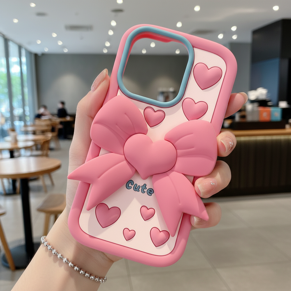 Pink Heart With Bow Stand - Phone Case For iPhone 14 Pro
