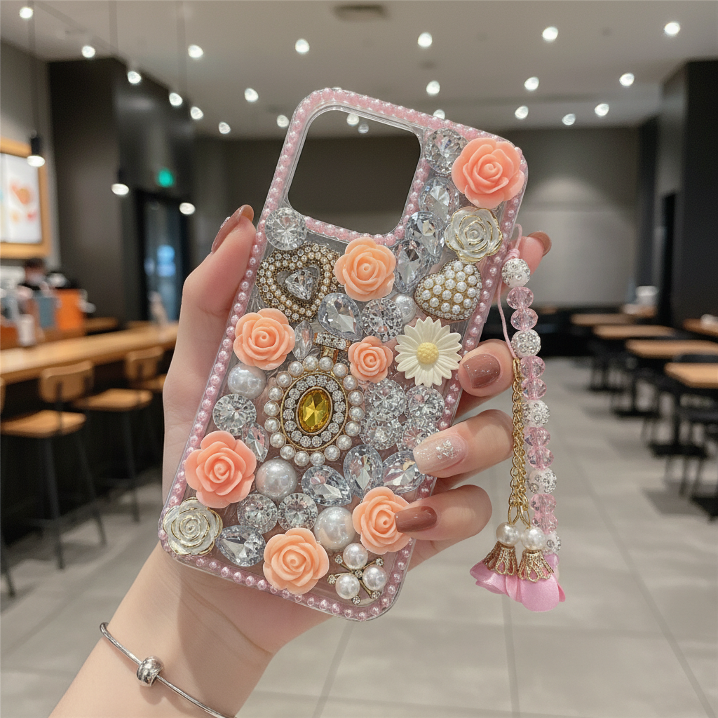 Crystal Rhinestone Pearl Love Rose Wristband Bracelet Case - Phone Case For iPhone 14 Pro