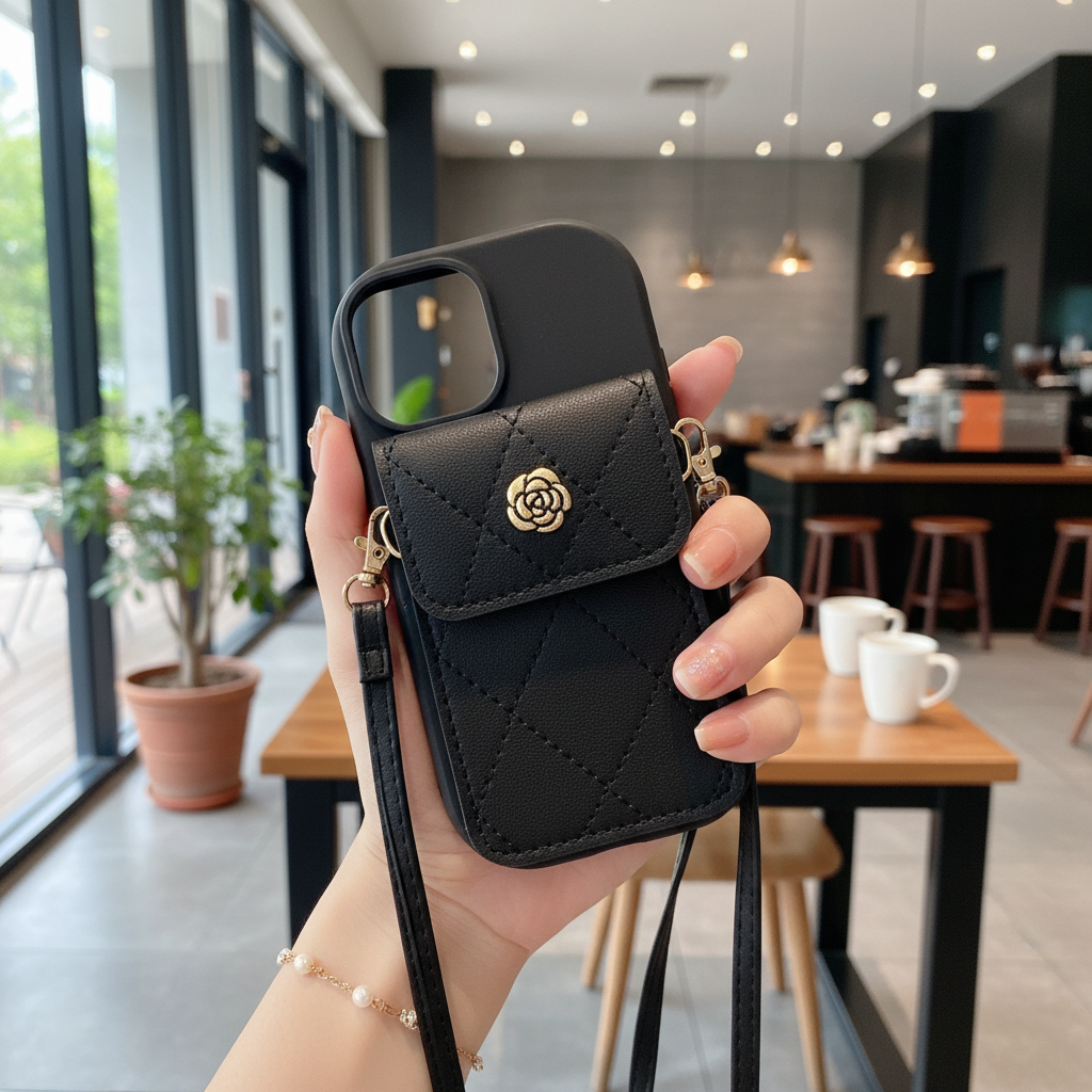 Black Texture Wallet With Golden Chain - Phone Case For iPhone 15 Plus