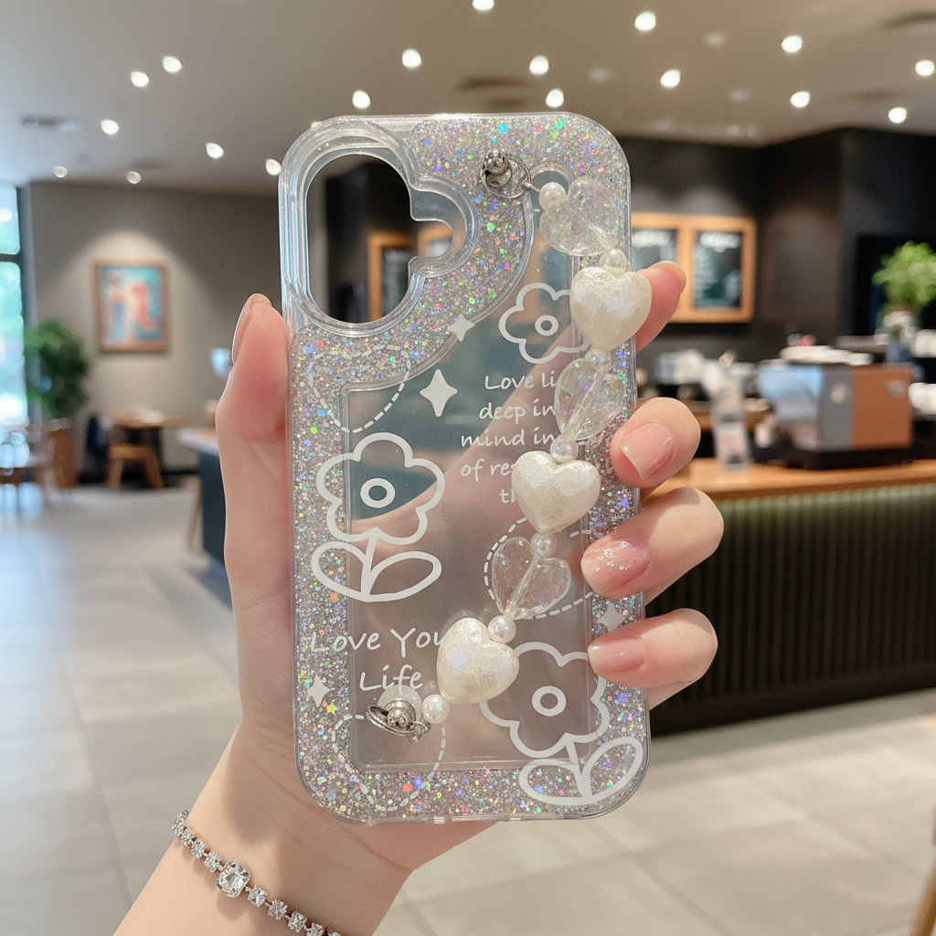 Love Your Life Flower Glitter With Chain Silicon Phone Cases