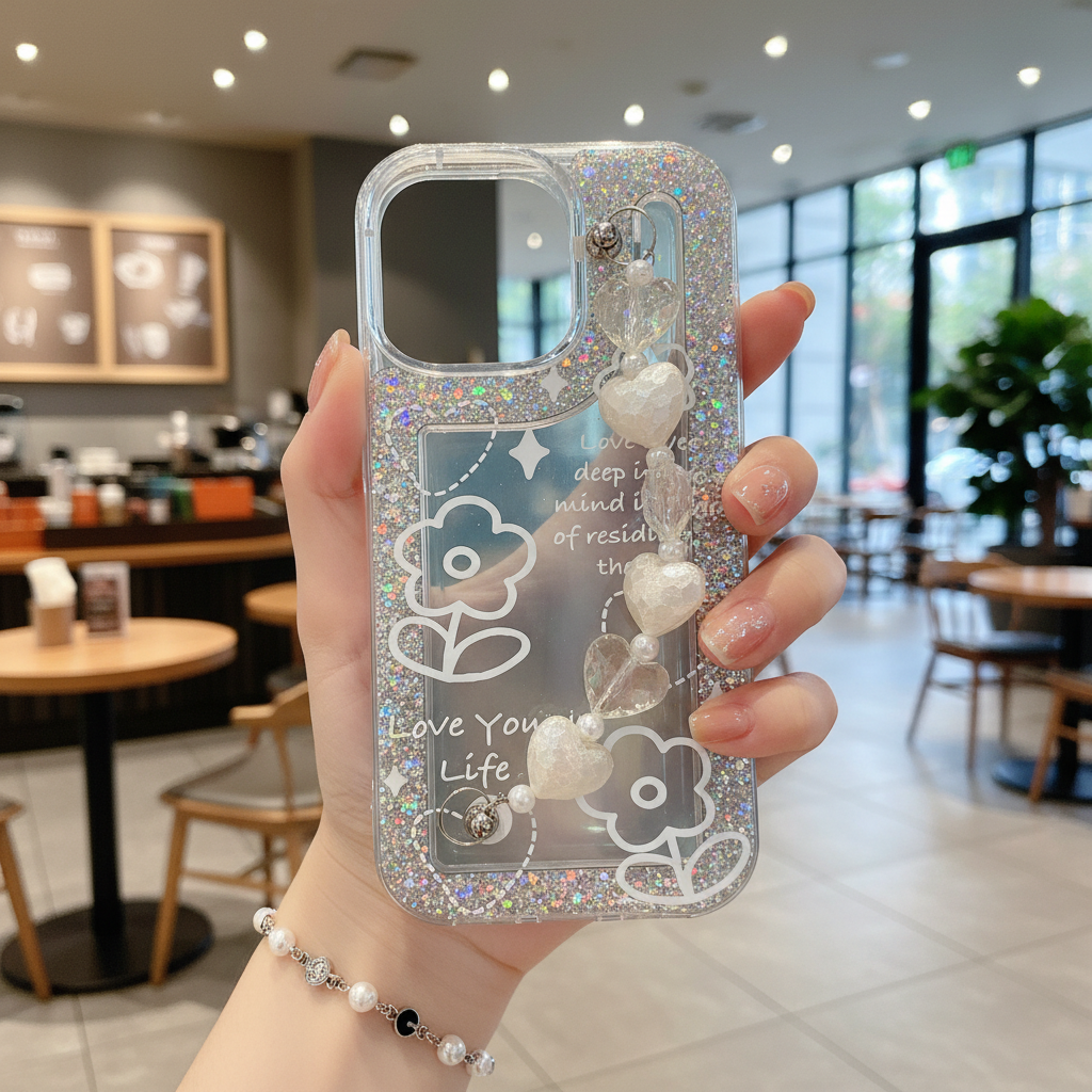 Love Your Life Flower Glitter With Chain Silicon Phone Cases