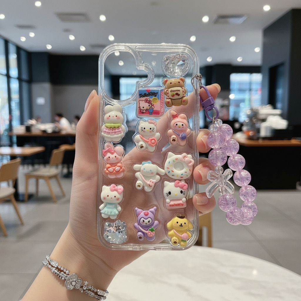A hand holds a clear phone case decorated with multiple colorful 3D cartoon charms and a dangling purple beaded wrist strap, with a blurred cafe interior in the background.