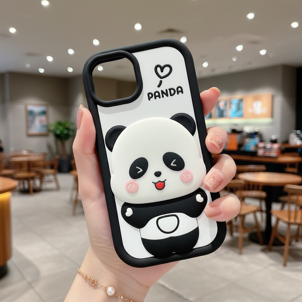 Cute Panda With Mirror Stand - Phone Case For iPhone 14 Plus