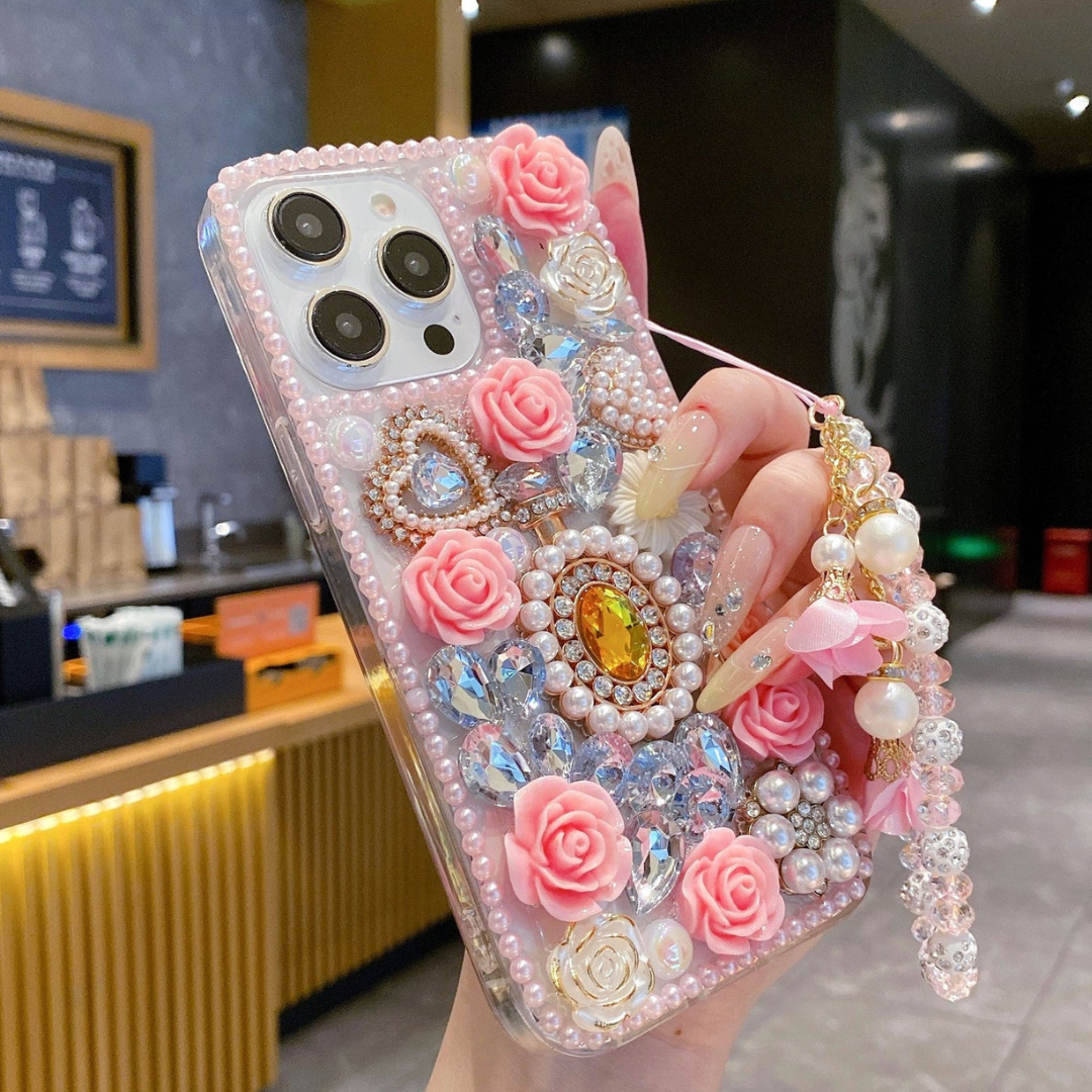 Crystal Rhinestone Pearl Love Rose Wristband Bracelet Case For iPhone 16 Pro Max